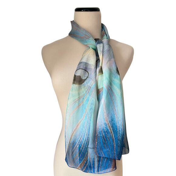 Metropolitan Museum Of Art Silk Scarf MMA Made In Italy Peacock Feather Sheer - Picture 2 of 8